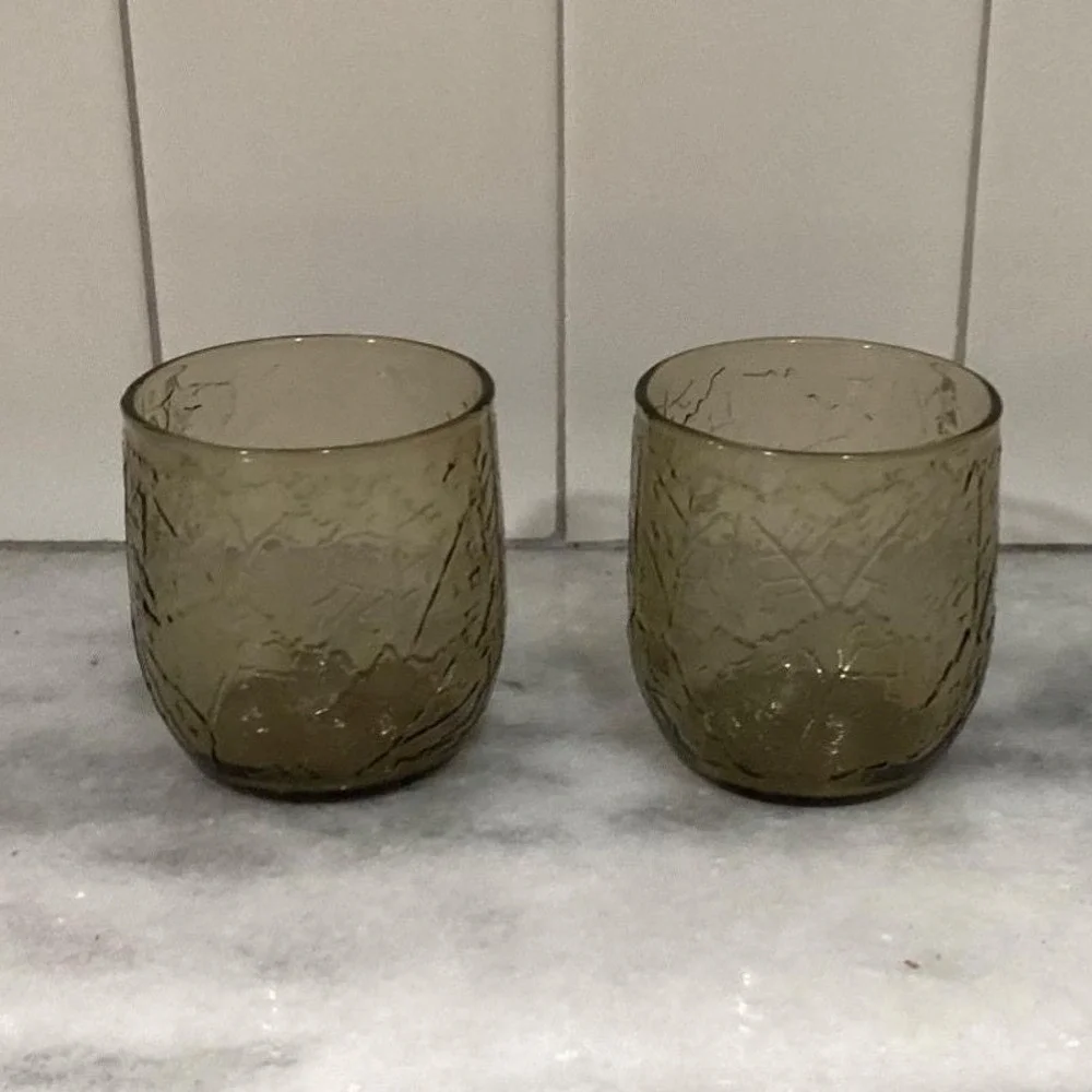Anchor Hocking‎ Sherwood Spicy Brown Lowball Glasses, Set of 2, Vtg Leaf Design